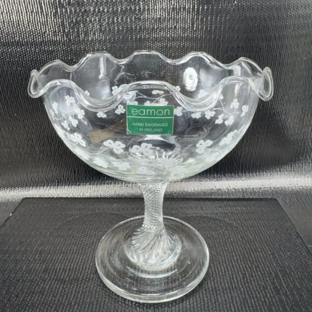 Eamon Glass Engraved Clover Ireland Swirl Footed Compote Dish‎ Bowl Clear Glass